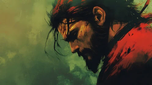 Melancholic warrior portrait rendered in expressive digital brushwork