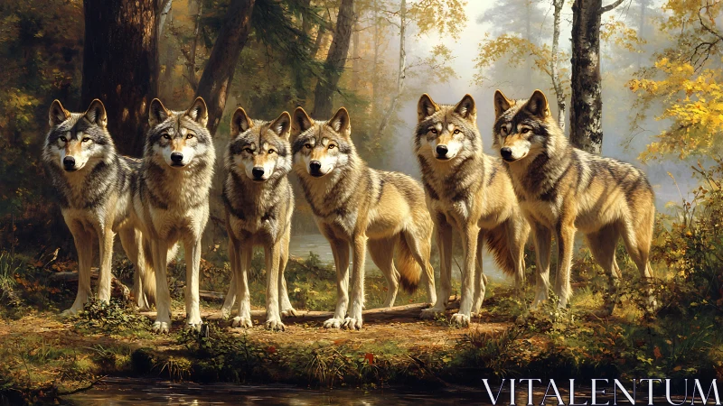 Six gray wolves stand aligned in sunlit autumn forest clearing