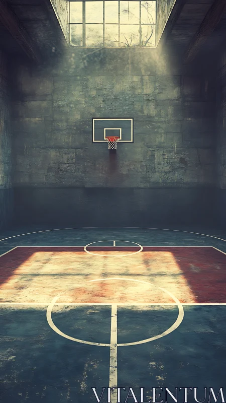 Lonely indoor hoop drinks sunlight on a forgotten court