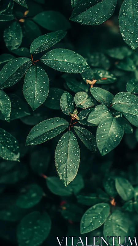 Rain-kissed emerald leaves in quiet forest hush.