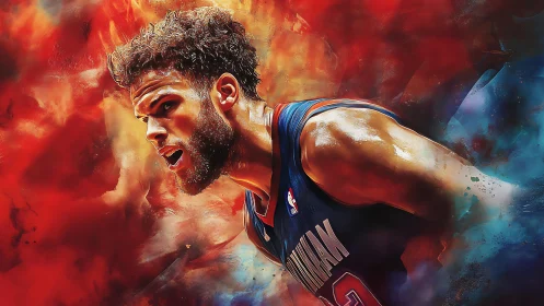 Basketball player sprints forward through abstract red smoke