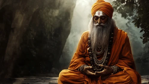 Elderly sage in orange robes seated in forest setting.