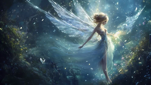 Luminous winged fairy in glowing blue green forest scene.