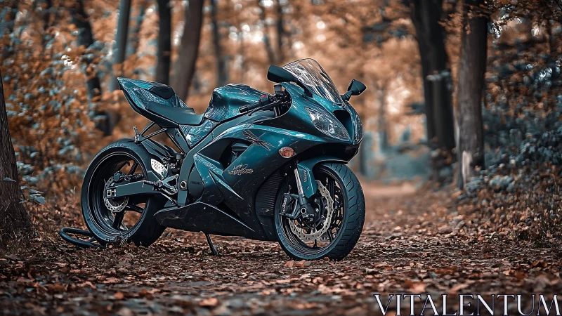 Sport motorcycle rests on leaf-covered forest dirt path