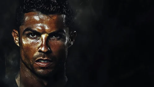 Intense close-up portrait of male athlete in darkness.