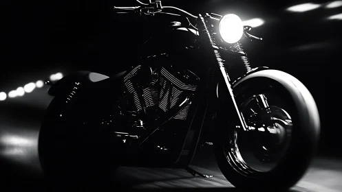 Monochrome cruiser motorcycle in high-contrast tunnel lighting.