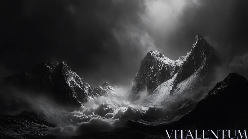 Stormlit jagged mountains rise through churning cloud sea