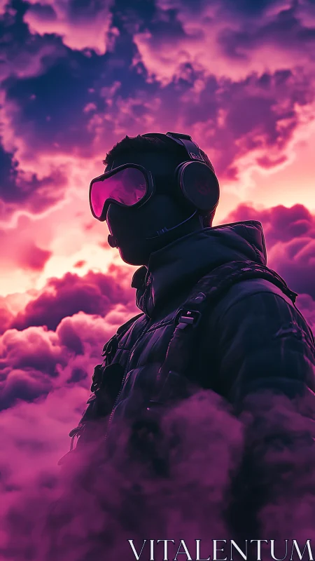 Skybound neon wanderer adrift in ultraviolet storm clouds.