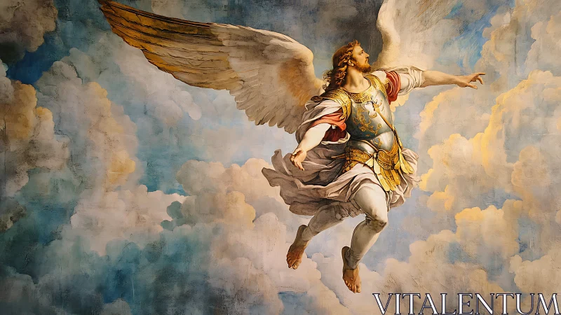 Radiant armored angel soars through golden sunlit clouds