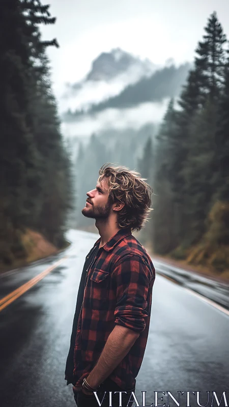 Flannel-clad daydreamer listens to mountain whispers in mist