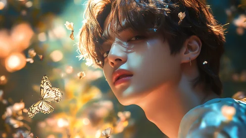 Dreamy youth portrait with glowing butterflies in bokeh forest.