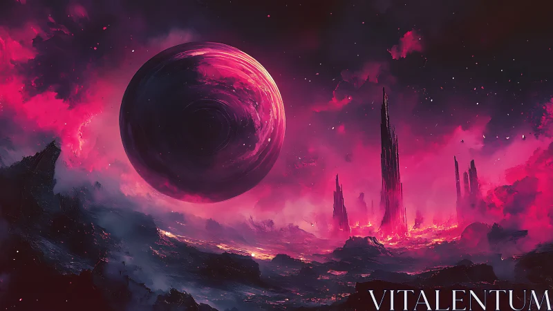Crimson singularity over volcanic exoplanetary skyline.