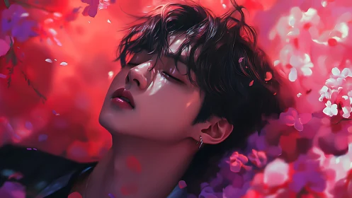 Male figure in close-up among red and pink blossoms.