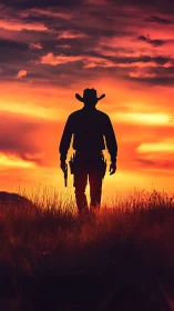 Lone cowboy silhouette glowing against a blazing sunset sky.