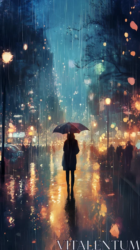 Silhouette under umbrella on wet city street at night.