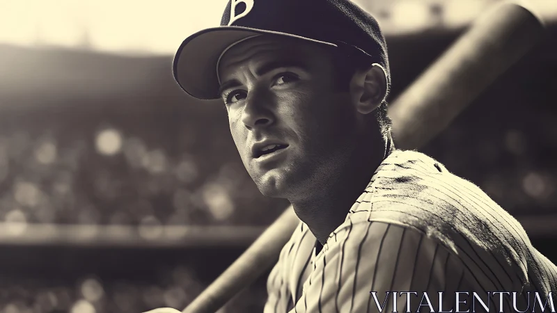 Baseball player gazes toward field in nostalgic stadium light.