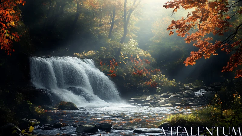 Autumn waterfall stream under diffused forest backlight.