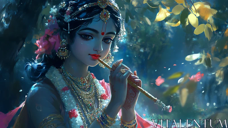 Divine flutist in jeweled attire beneath moonlit grove.