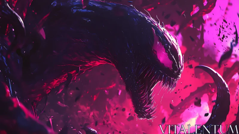 Ferocious alien creature roars in glowing pink chaos