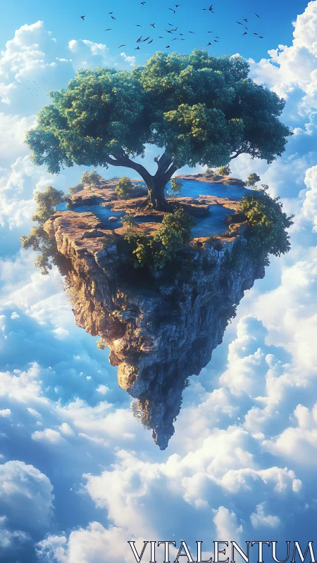 Peaceful sky island with a sunlit tree and quiet pond.