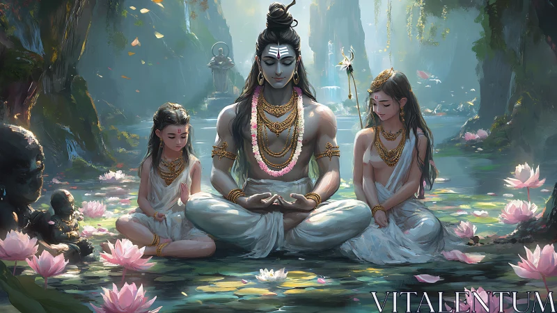 Hindu deity meditates in lotus pond with two serene figures