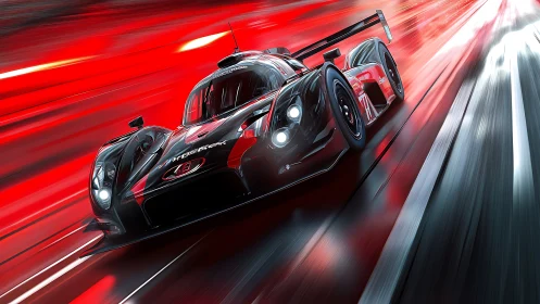 Hybrid endurance prototype race car under red motion blur