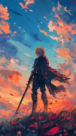 Anime knight silhouette against blazing sunset sky composition.