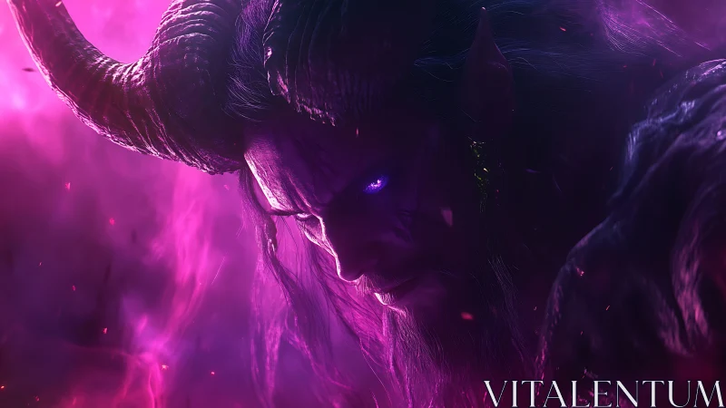 Storm of violet fire surrounds a horned demon&rsquo;s steady gaze