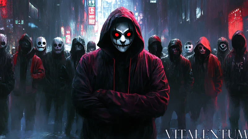 Midnight masked crowd in neon-lit rainy city street.