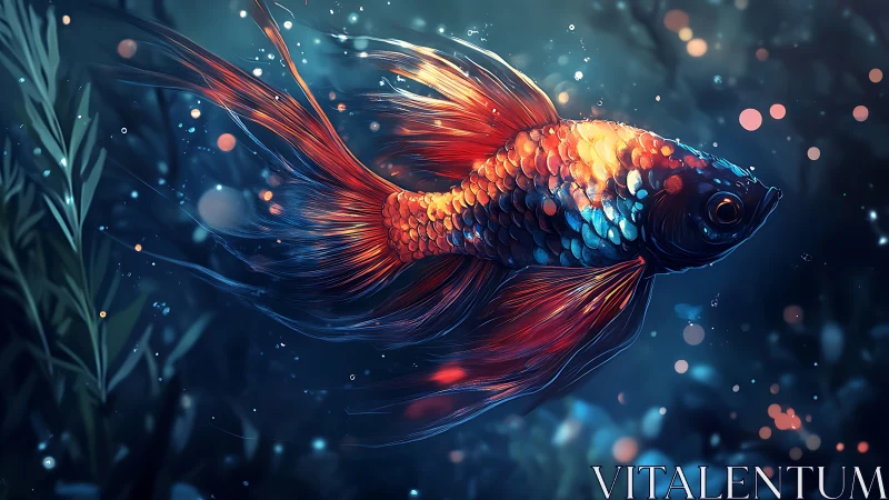 Vibrant betta fish glides through glowing deep water