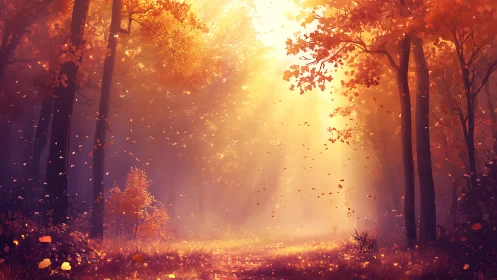 Luminous autumn forest path with radiant volumetric sunlight.