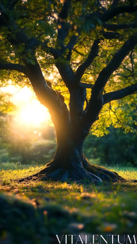 Backlit woodland tree with golden hour bokeh rendering.