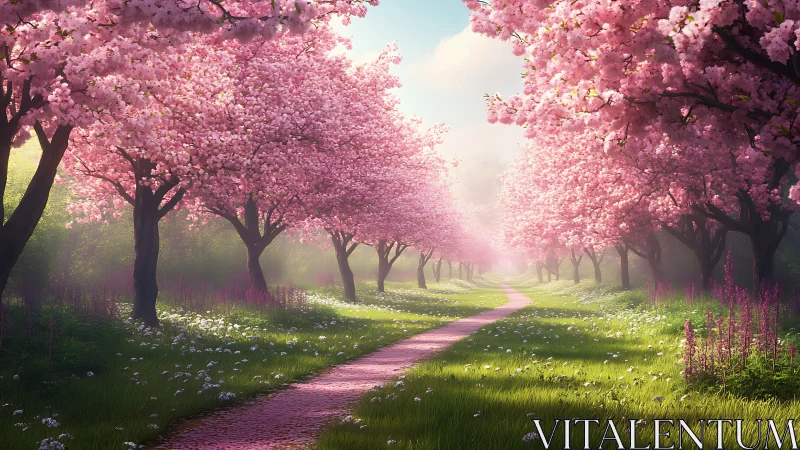 Sunlit cherry blossom path winding through spring grove.