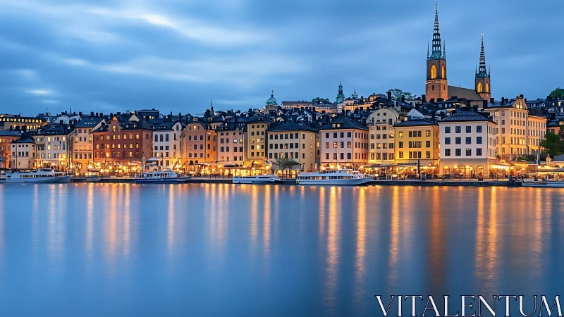 Waterfront European city skyline with lit historic buildings.