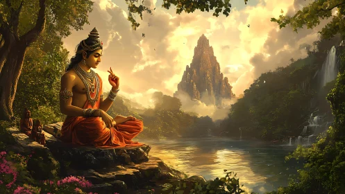 Meditative deity beside river under luminous mountain sunset