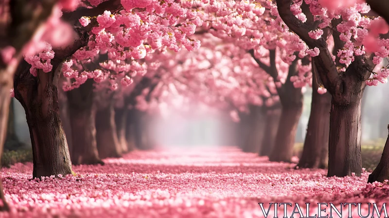 Symmetrical cherry blossom tunnel under soft axial depth of field