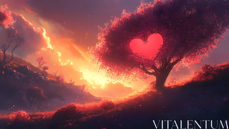 Heart-shaped tree with luminescent particles in sunset landscape.