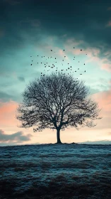 Solitary winter tree conducts birds against painted sky