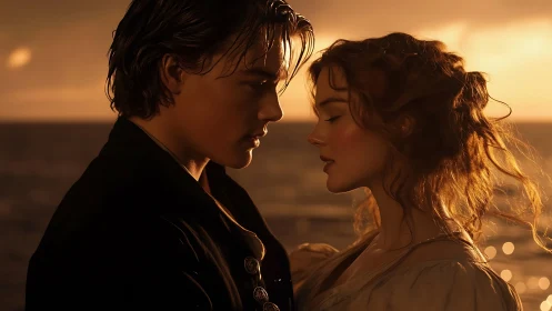 Golden Hour Portrait: Two Figures in Tender Silhouette Profile Against Coastal Backdrop