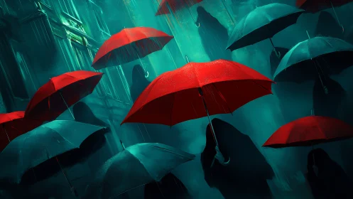 Red umbrellas drifting through a mysterious teal rainstorm.