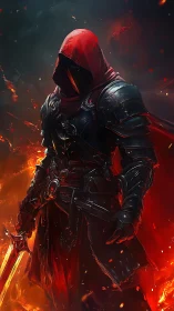 Ember-veiled dark knight striding through a storm of fire.