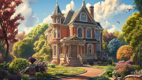 Sunlit Victorian brick home nestled in lush joyous gardens.