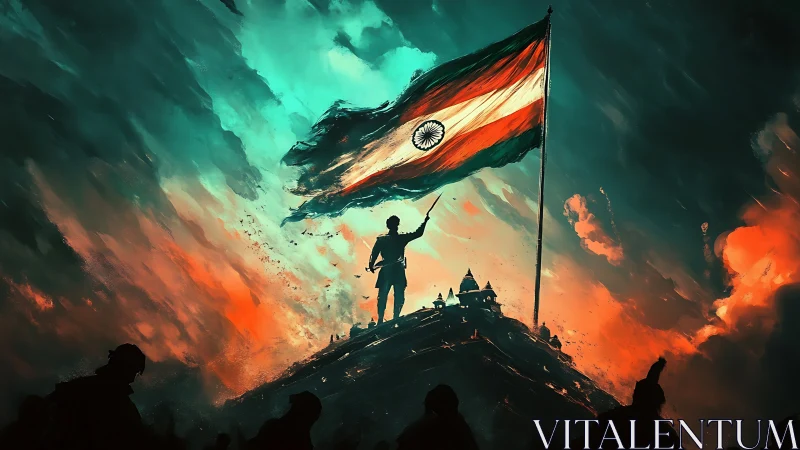 Digital painting of Indian flag over heroic hill silhouette.