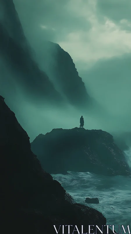 Solitary watcher amid emerald storm-tossed sea cliffs.