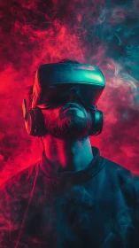 Man wearing VR headset and headphones in colored smoke