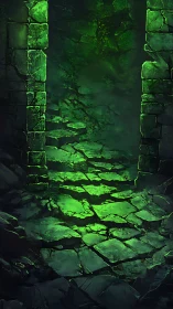 Eerie green dungeon passage glows with ominous arcane light