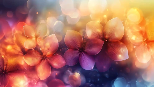 Digital floral blossoms float over colorful bokeh background