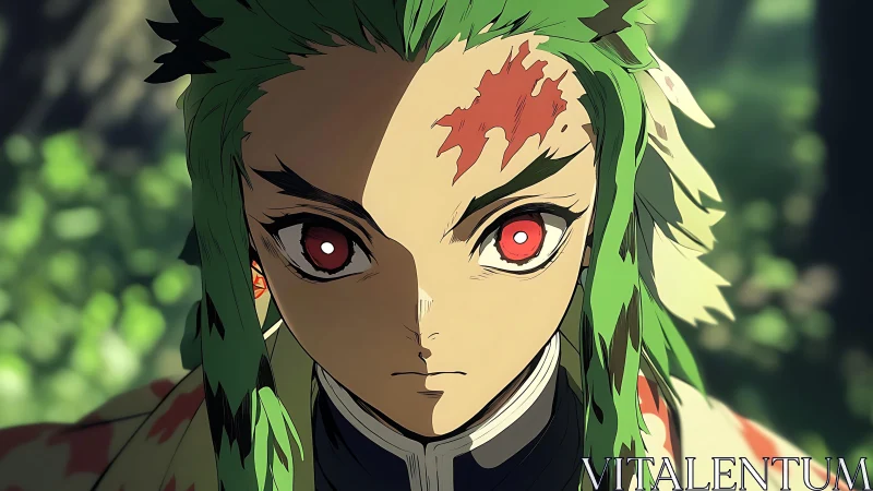 Leaf-marked warrior with glowing red eyes in forest light.