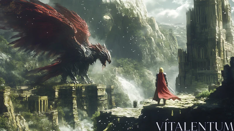 Armored wyvern confronts caped warrior amid eroded cliff ruins