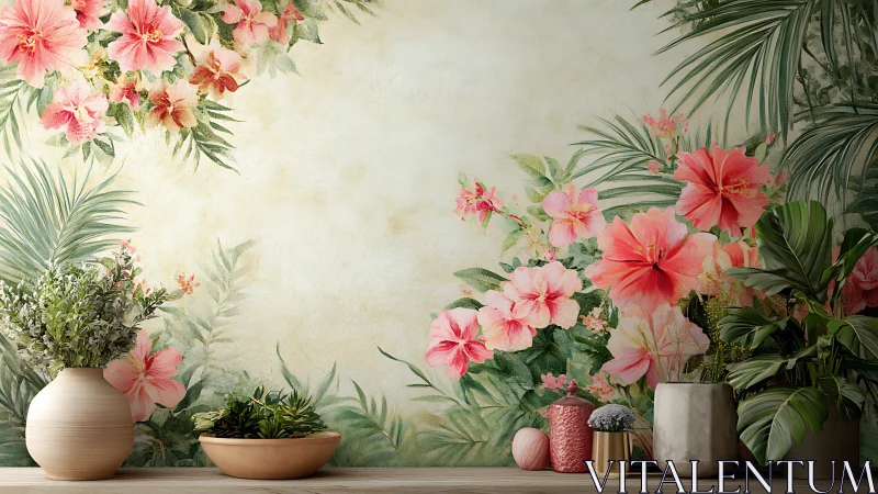Botanical wall mural with potted plants and pink flowers.